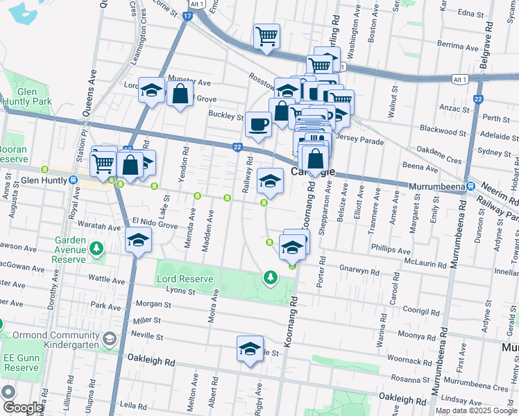map of restaurants, bars, coffee shops, grocery stores, and more near 68 Truganini Road in Carnegie