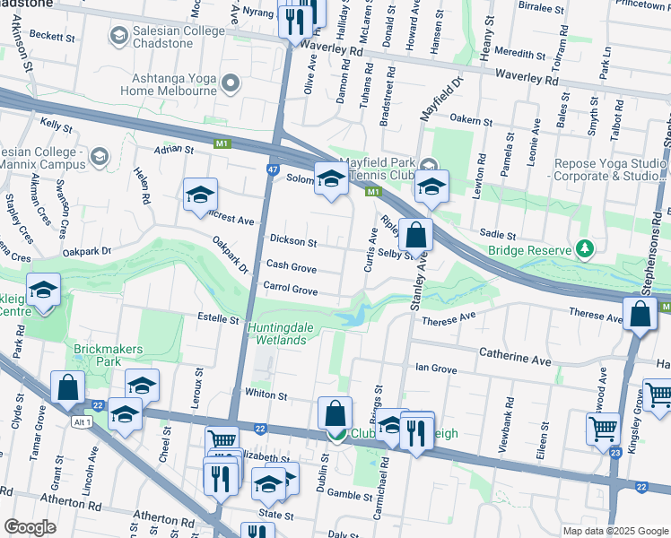 map of restaurants, bars, coffee shops, grocery stores, and more near 35 Cash Grove in Mount Waverley