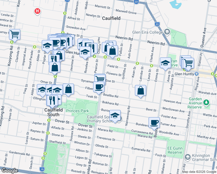 map of restaurants, bars, coffee shops, grocery stores, and more near 8 Bealiba Road in Caulfield South