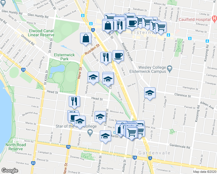 map of restaurants, bars, coffee shops, grocery stores, and more near 145A Cochrane Street in Brighton