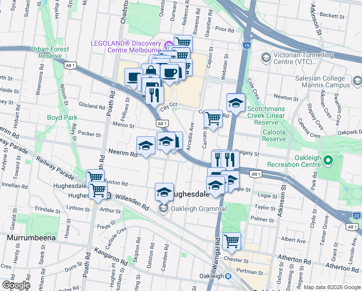 map of restaurants, bars, coffee shops, grocery stores, and more near 1407 Dandenong Road in Malvern East