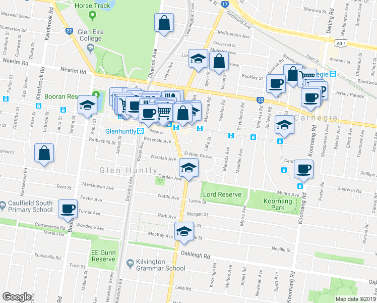 map of restaurants, bars, coffee shops, grocery stores, and more near 4 El Nido Grove in Carnegie