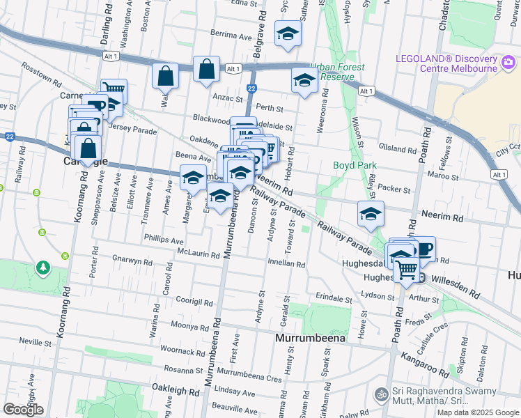 map of restaurants, bars, coffee shops, grocery stores, and more near 8 Dunoon Street in Murrumbeena