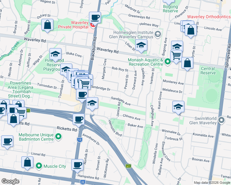 map of restaurants, bars, coffee shops, grocery stores, and more near 30 Cambridge Drive in Glen Waverley