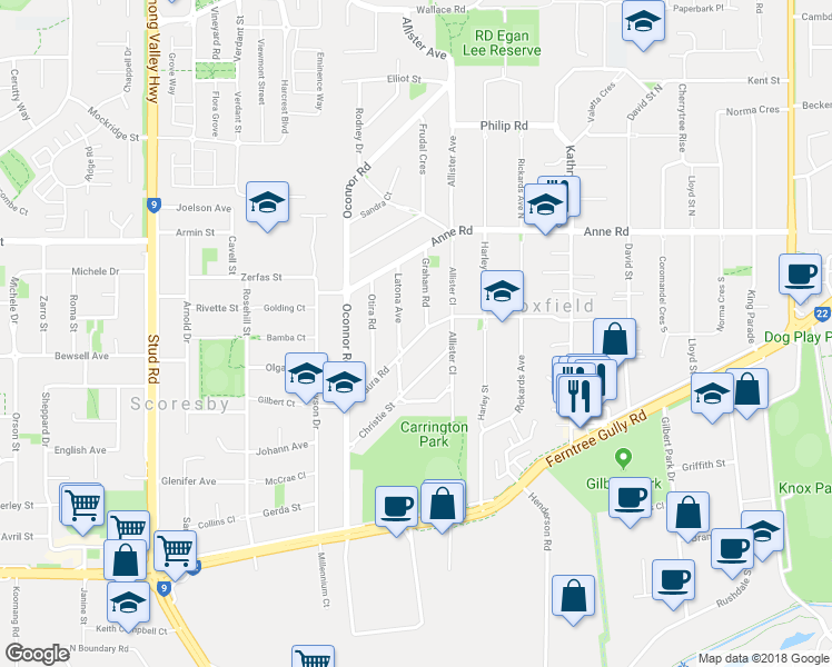 map of restaurants, bars, coffee shops, grocery stores, and more near 54 Laura Road in Knoxfield