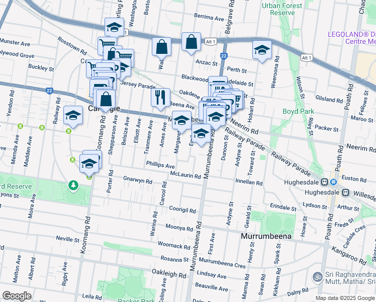 map of restaurants, bars, coffee shops, grocery stores, and more near 27 Emily Street in Carnegie