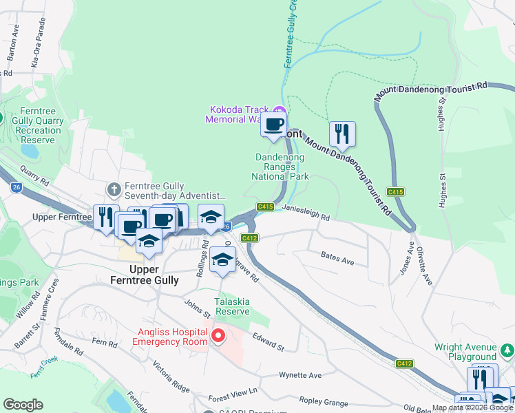 map of restaurants, bars, coffee shops, grocery stores, and more near School Road in Tremont