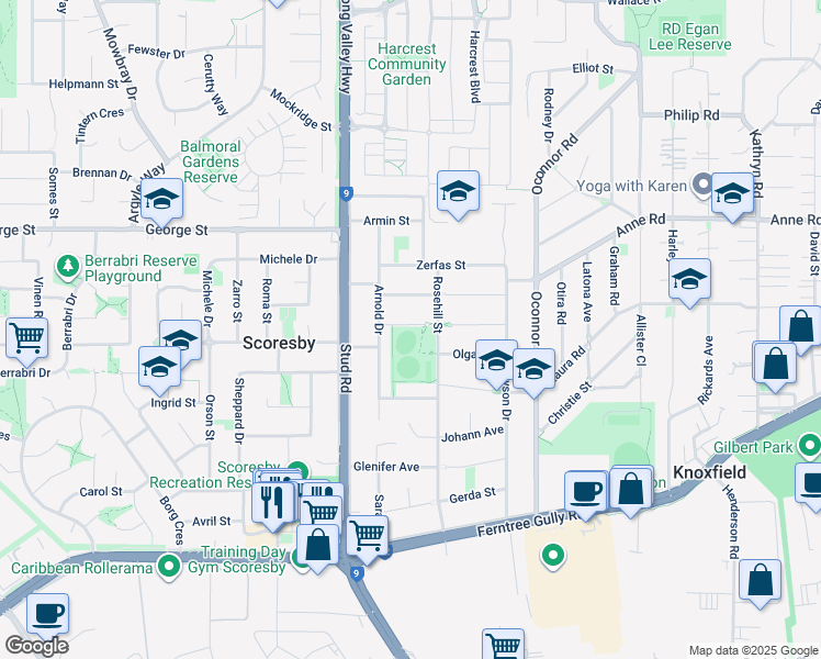map of restaurants, bars, coffee shops, grocery stores, and more near 39-53 Rosehill Street in Scoresby