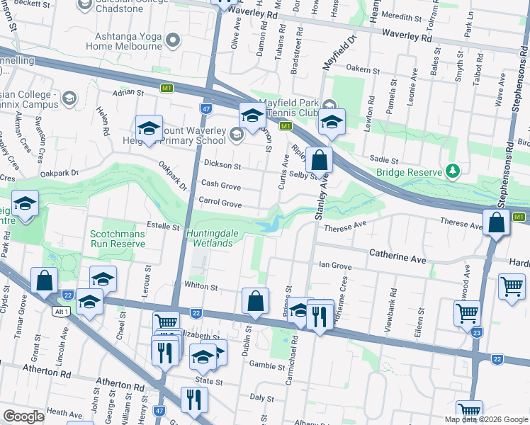 map of restaurants, bars, coffee shops, grocery stores, and more near 44 Carrol Grove in Mount Waverley