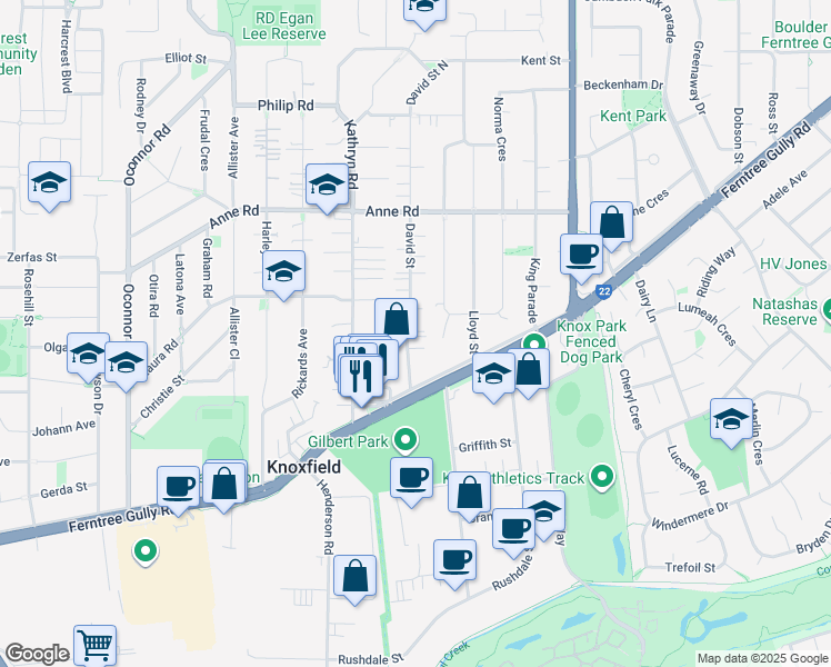 map of restaurants, bars, coffee shops, grocery stores, and more near 14 David Street in Knoxfield
