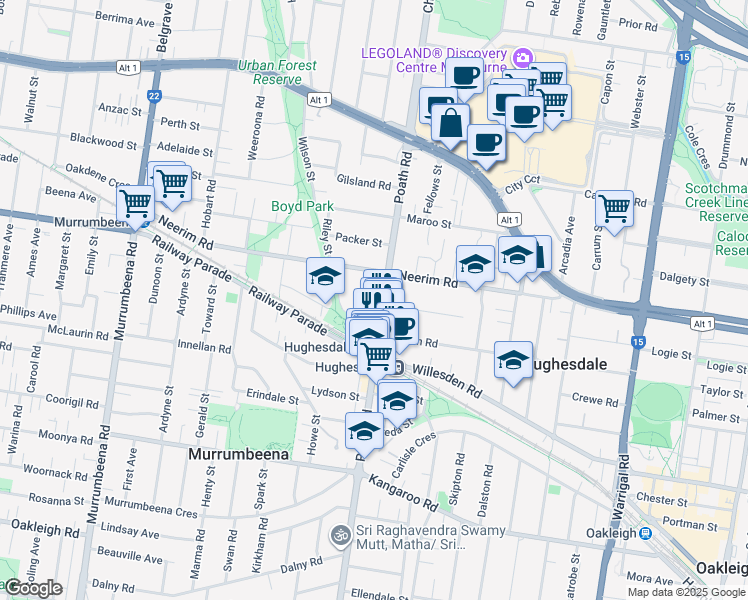 map of restaurants, bars, coffee shops, grocery stores, and more near 55 Poath Road in Murrumbeena