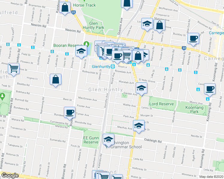map of restaurants, bars, coffee shops, grocery stores, and more near 23 Royal Avenue in Glen Huntly