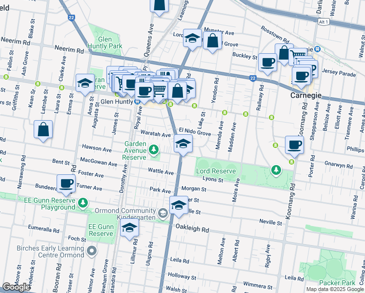 map of restaurants, bars, coffee shops, grocery stores, and more near 154 Grange Road in Carnegie