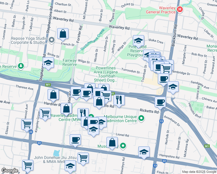map of restaurants, bars, coffee shops, grocery stores, and more near 40 Highclere Avenue in Mount Waverley