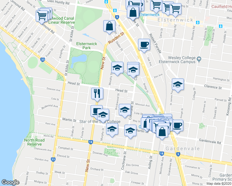 map of restaurants, bars, coffee shops, grocery stores, and more near 128 Head Street in Brighton
