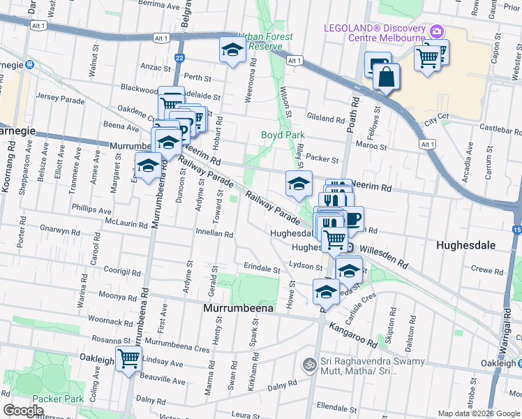 map of restaurants, bars, coffee shops, grocery stores, and more near 30 Railway Parade in Murrumbeena