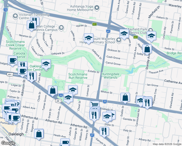 map of restaurants, bars, coffee shops, grocery stores, and more near 26 Estelle Street in Oakleigh