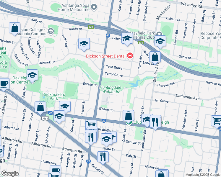 map of restaurants, bars, coffee shops, grocery stores, and more near in Mount Waverley