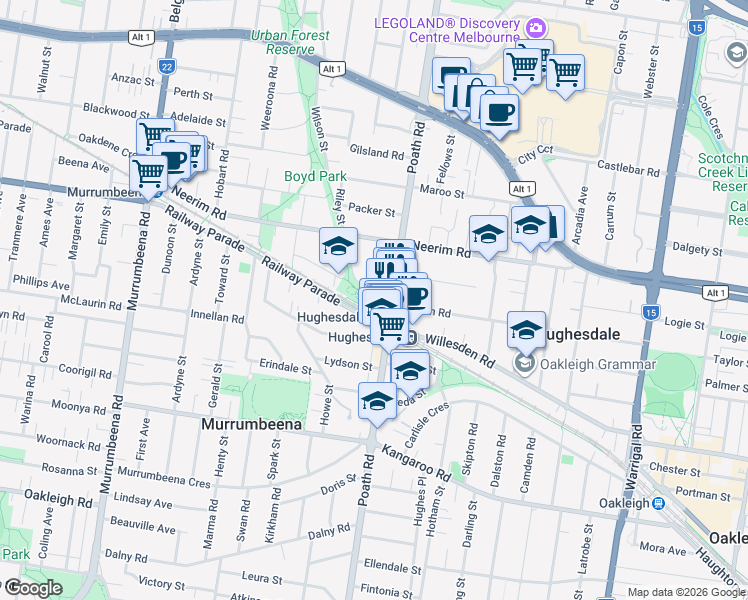 map of restaurants, bars, coffee shops, grocery stores, and more near 2-4 William Street in Murrumbeena