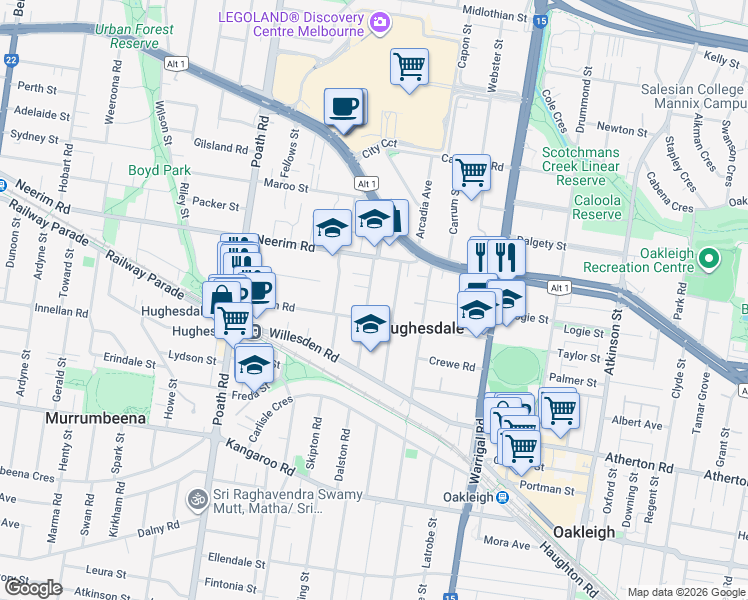 map of restaurants, bars, coffee shops, grocery stores, and more near 10 Bletchley Road in Hughesdale