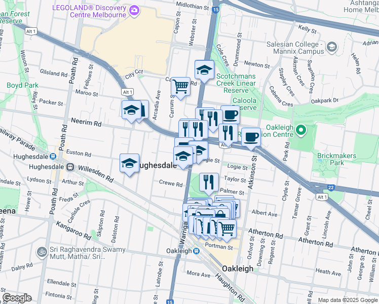 map of restaurants, bars, coffee shops, grocery stores, and more near 3B Warrigal Road in Hughesdale