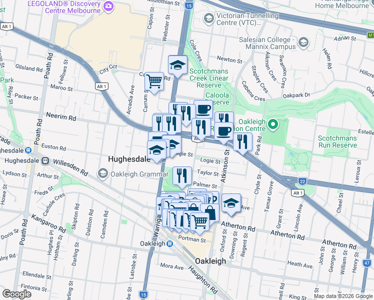 map of restaurants, bars, coffee shops, grocery stores, and more near 11 Logie Street in Oakleigh