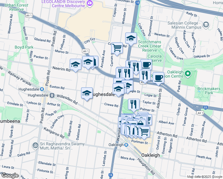 map of restaurants, bars, coffee shops, grocery stores, and more near 10 Rugby Road in Hughesdale