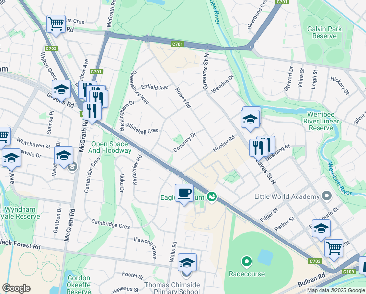 map of restaurants, bars, coffee shops, grocery stores, and more near 30 Coventry Drive in Werribee