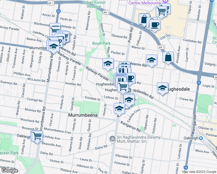 map of restaurants, bars, coffee shops, grocery stores, and more near 36 Rosella Street in Murrumbeena