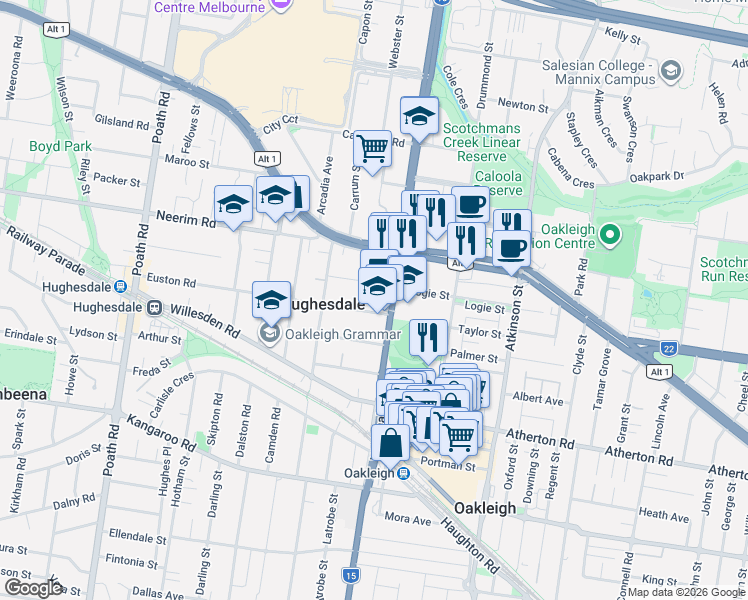 map of restaurants, bars, coffee shops, grocery stores, and more near 67 Euston Road in Hughesdale