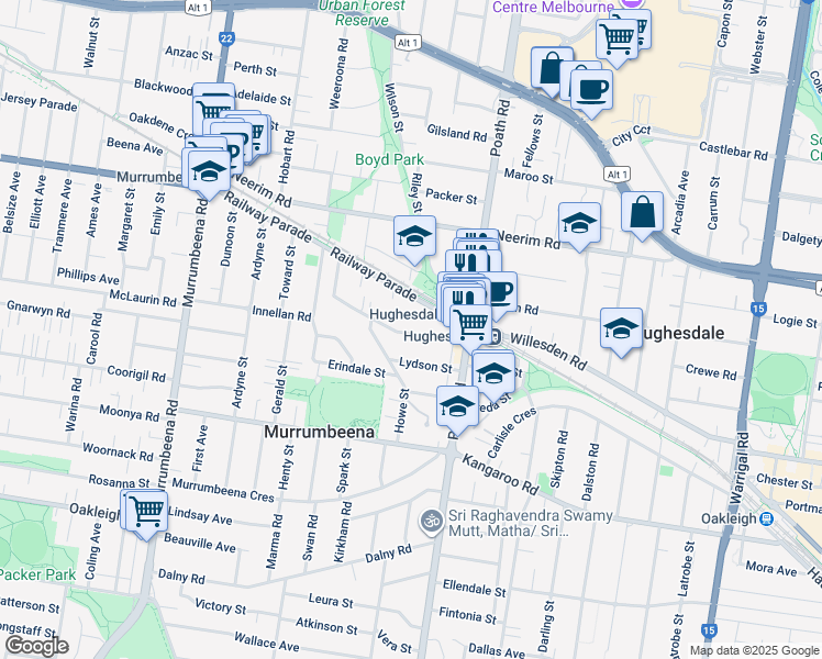 map of restaurants, bars, coffee shops, grocery stores, and more near 34 Rosella Street in Murrumbeena