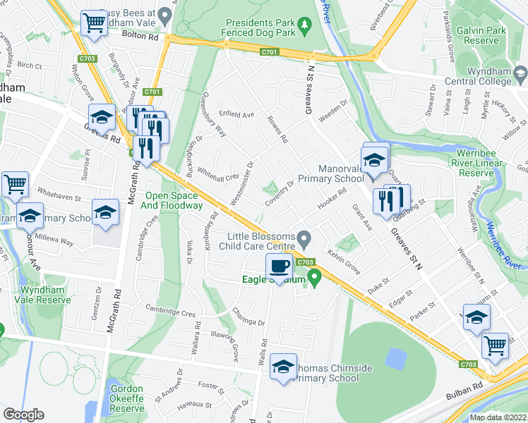 map of restaurants, bars, coffee shops, grocery stores, and more near 18 Coventry Drive in Werribee