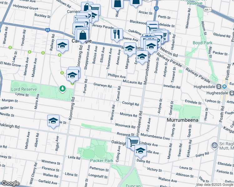 map of restaurants, bars, coffee shops, grocery stores, and more near 1 Carool Road in Carnegie