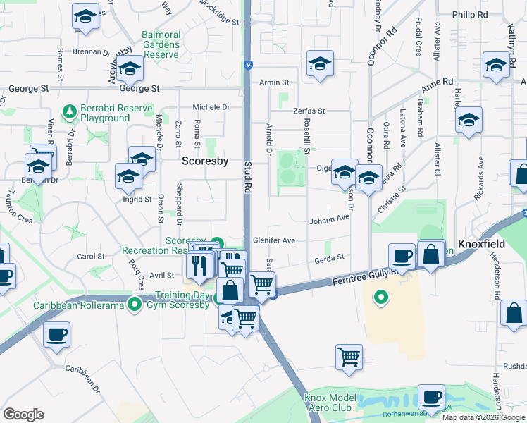 map of restaurants, bars, coffee shops, grocery stores, and more near 72 Arnold Drive in Scoresby