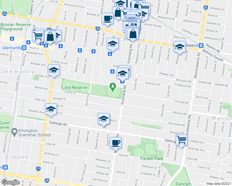 map of restaurants, bars, coffee shops, grocery stores, and more near in Glen Huntly