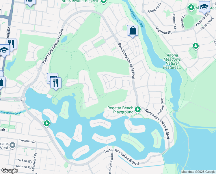 map of restaurants, bars, coffee shops, grocery stores, and more near 65 Vaucluse Boulevard in Point Cook