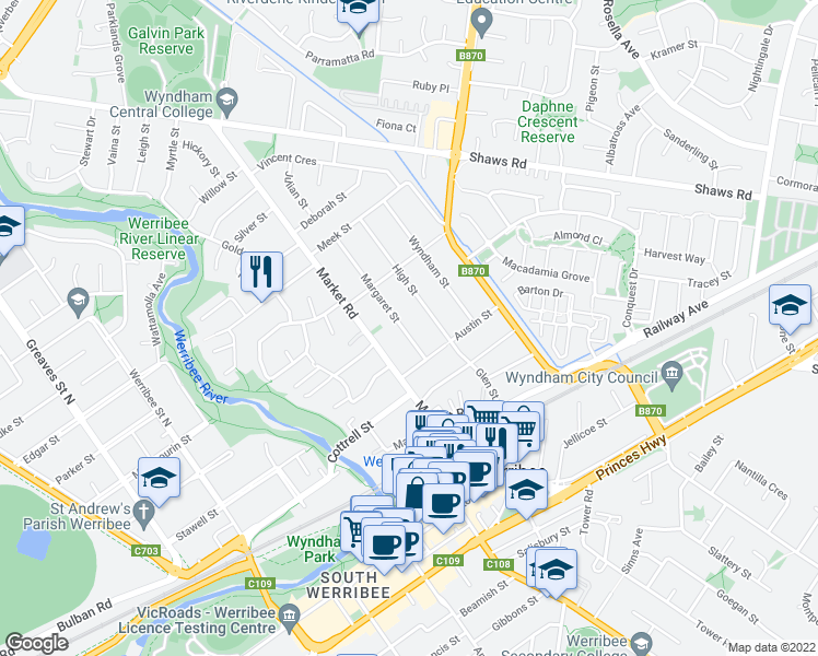map of restaurants, bars, coffee shops, grocery stores, and more near 15 Margaret Street in Werribee