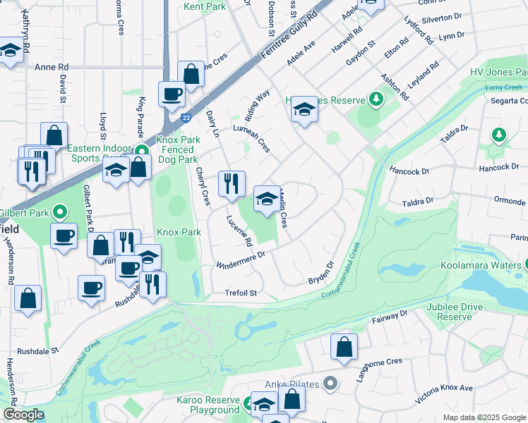 map of restaurants, bars, coffee shops, grocery stores, and more near 262-272 Windermere Drive in Ferntree Gully
