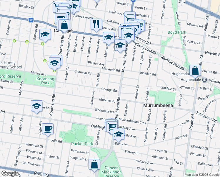 map of restaurants, bars, coffee shops, grocery stores, and more near 82 Coorigil Road in Carnegie