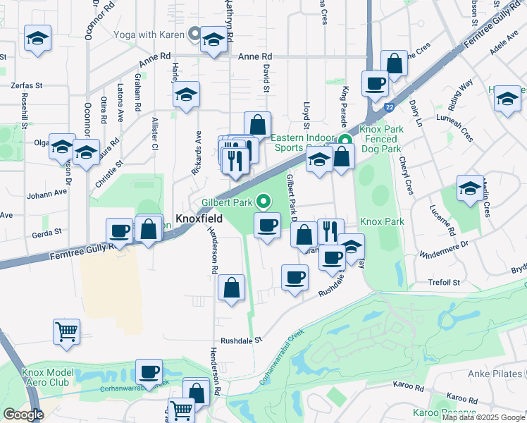 map of restaurants, bars, coffee shops, grocery stores, and more near 1600 Ferntree Gully Road in Knoxfield