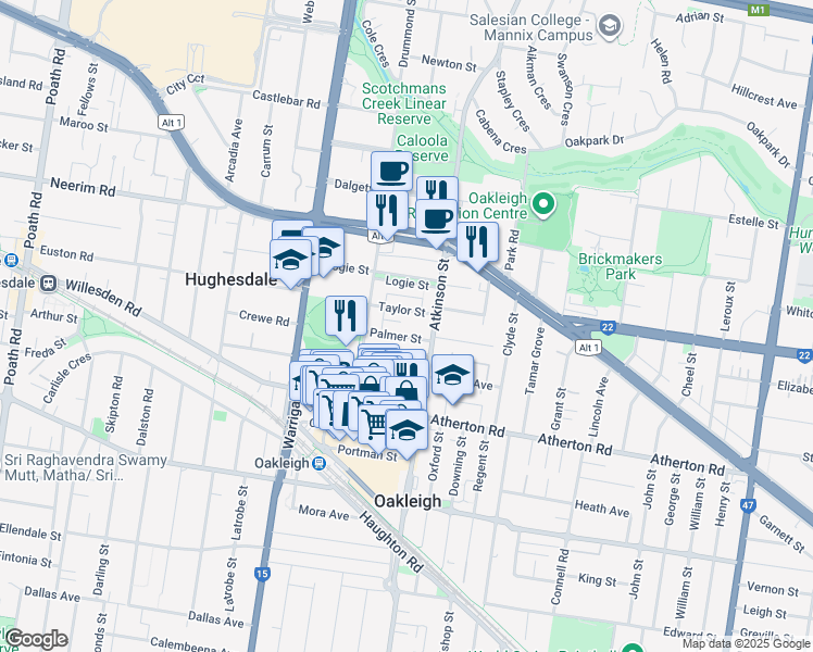 map of restaurants, bars, coffee shops, grocery stores, and more near 11 Palmer Street in Oakleigh