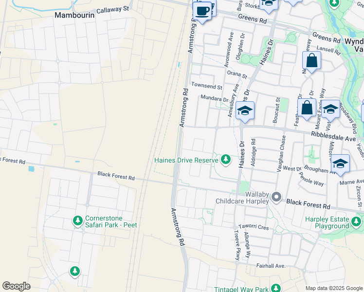 map of restaurants, bars, coffee shops, grocery stores, and more near 615 Armstrong Road in Wyndham Vale