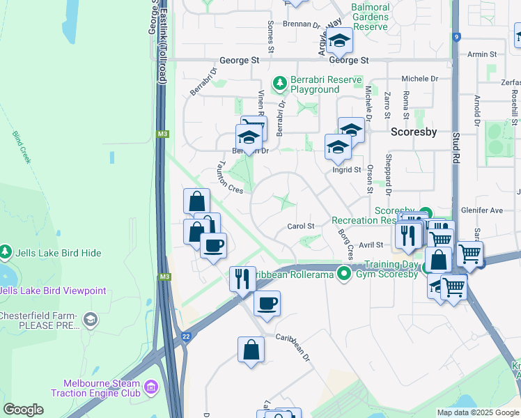 map of restaurants, bars, coffee shops, grocery stores, and more near 17 Chagall Court in Scoresby