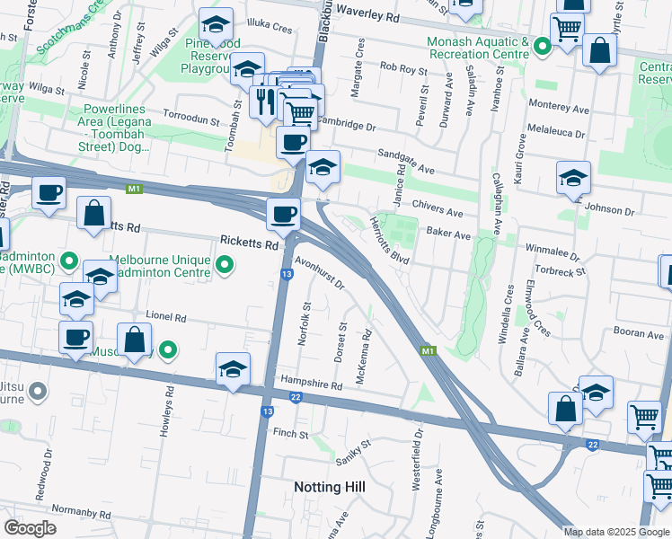 map of restaurants, bars, coffee shops, grocery stores, and more near 17 Avonhurst Drive in Glen Waverley