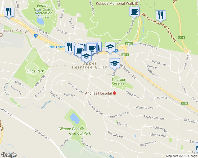 map of restaurants, bars, coffee shops, grocery stores, and more near 2 Johns Street in Upper Ferntree Gully