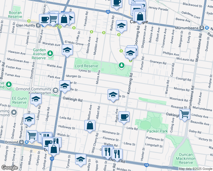 map of restaurants, bars, coffee shops, grocery stores, and more near 55 Miller Street in Carnegie