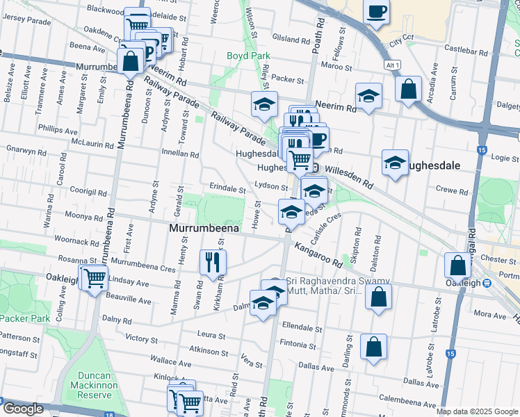 map of restaurants, bars, coffee shops, grocery stores, and more near 26A Howe Street in Murrumbeena
