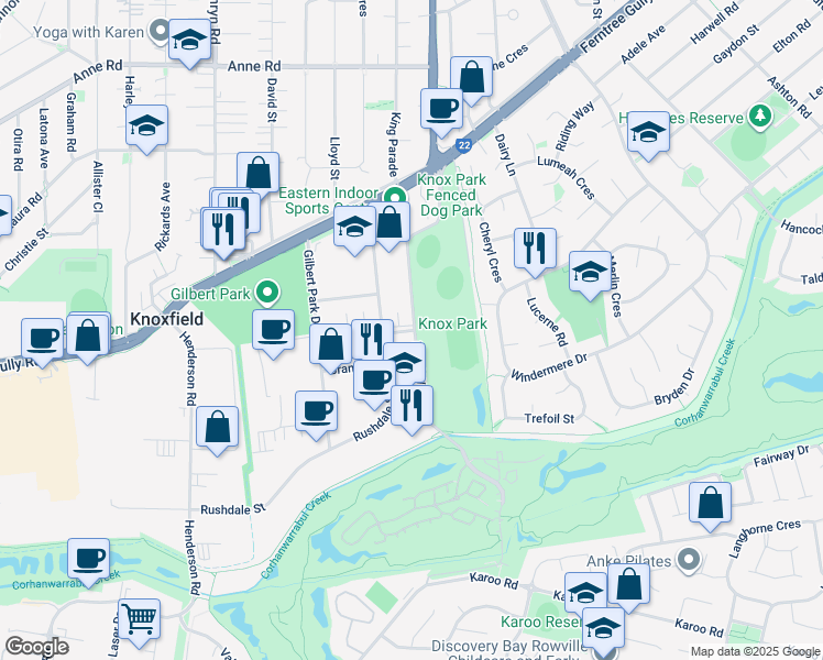 map of restaurants, bars, coffee shops, grocery stores, and more near Knox Park Road in Knoxfield
