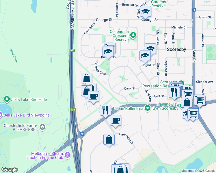 map of restaurants, bars, coffee shops, grocery stores, and more near 96 Borg Crescent in Scoresby