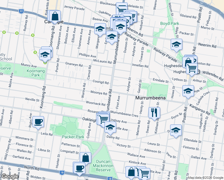 map of restaurants, bars, coffee shops, grocery stores, and more near 178 Murrumbeena Road in Murrumbeena